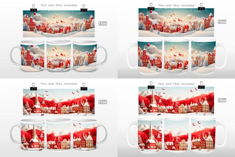 3D Christmas Countryside Mug Wrap Sublimation Bundle