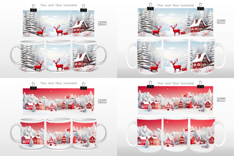 3D Christmas Countryside Mug Wrap Sublimation Bundle