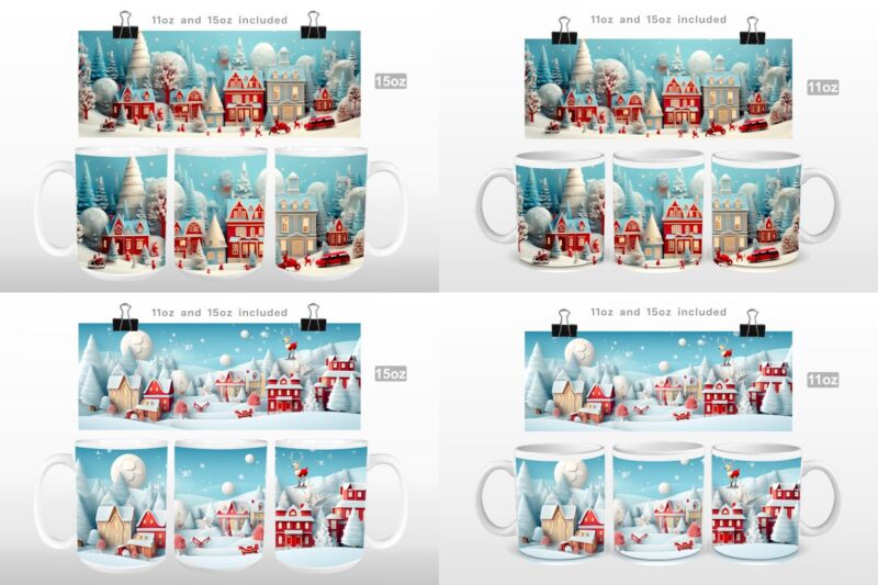 3D Christmas Countryside Mug Wrap Sublimation Bundle