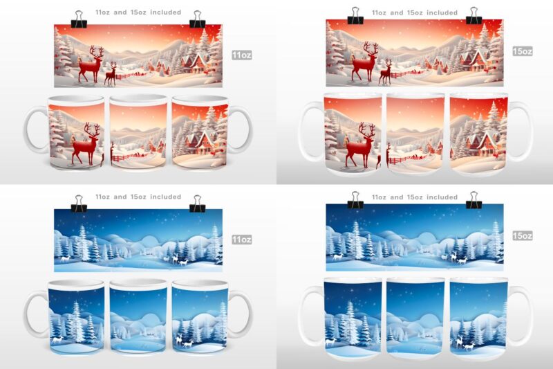 3D Christmas Countryside Mug Wrap Sublimation Bundle