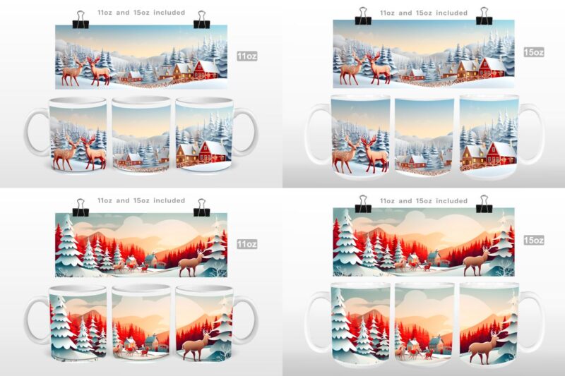 3D Christmas Countryside Mug Wrap Sublimation Bundle