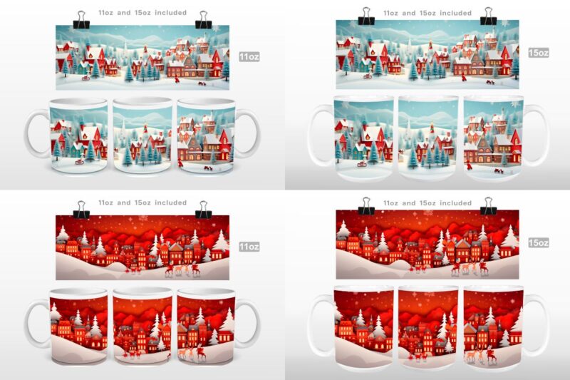 3D Christmas Countryside Mug Wrap Sublimation Bundle
