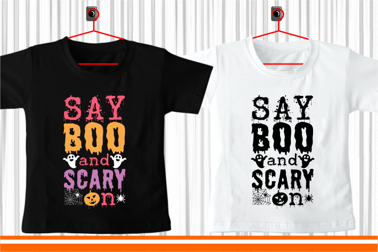 Funny Halloween Kid T shirt Design Graphic Vector, Say Boo and Scary On