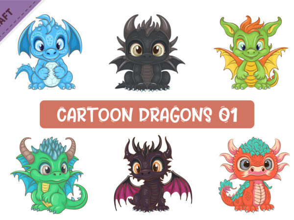 Set of cartoon dragons 01. fantasy clipart. t shirt template vector