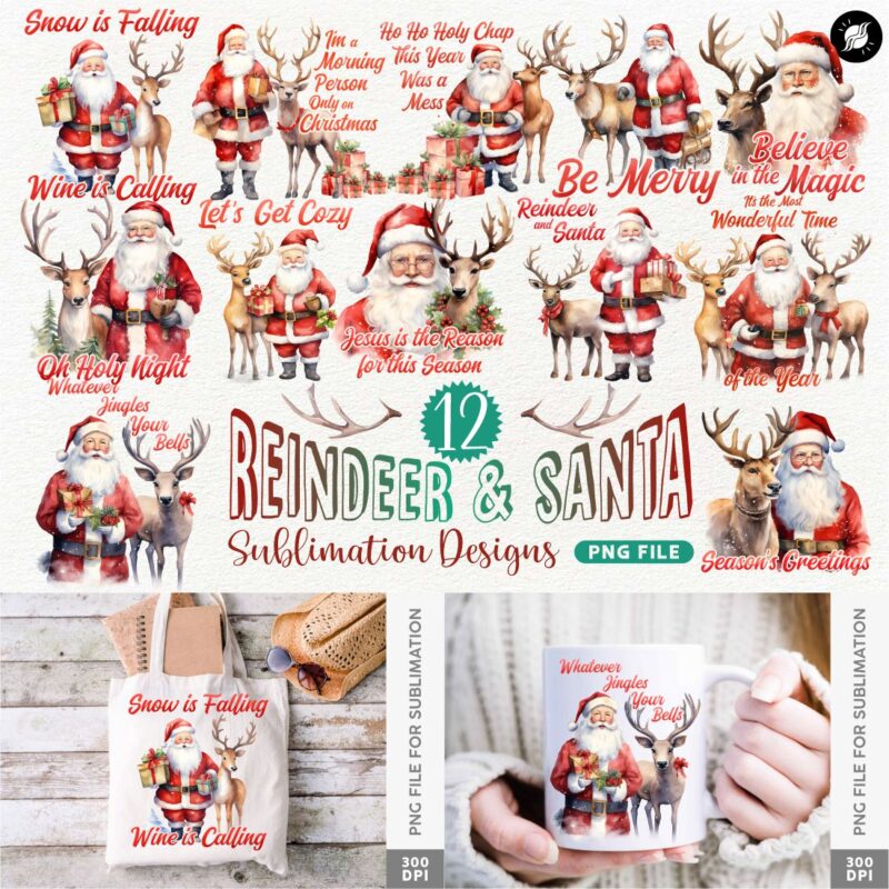 Christmas Reindeer Santa Sublimation Designs Bundle