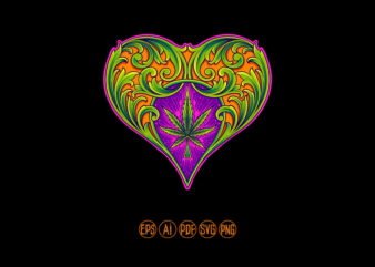 Vintage heart shaped engraved floral with cannabis leaf t shirt vector art