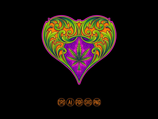 Vintage heart shaped engraved floral with cannabis leaf t shirt vector art