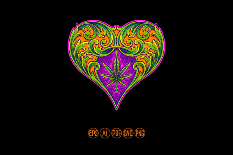 Vintage heart shaped engraved floral with cannabis leaf