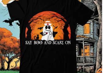 Say Boo And Scary On T-Shirt Design, Say Boo And Scary On Vector T-Shirt Design On Sale, Boo Boo Crew T-Shirt Design, Boo Boo Crew Vector T-Shirt Design, Happy Halloween