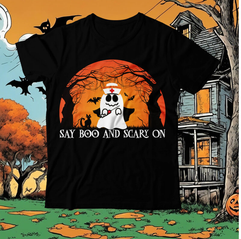 Say Boo And Scary On T-Shirt Design, Say Boo And Scary On Vector T-Shirt Design On Sale, Boo Boo Crew T-Shirt Design, Boo Boo Crew Vector T-Shirt Design, Happy Halloween