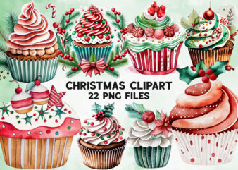 Watercolor Christmas Cupcake Clipart t shirt design for sale