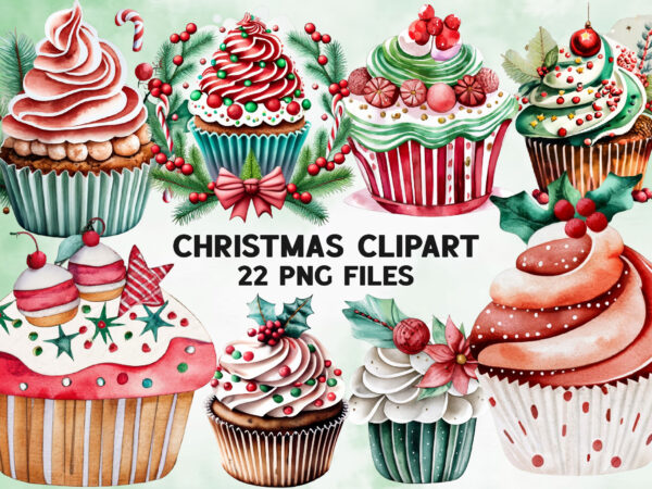 Watercolor christmas cupcake clipart t shirt design for sale