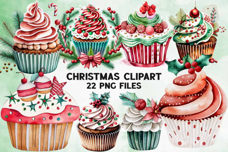 Watercolor Christmas Cupcake Clipart
