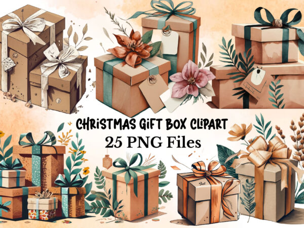 Watercolor christmas gift box clipart t shirt design for sale
