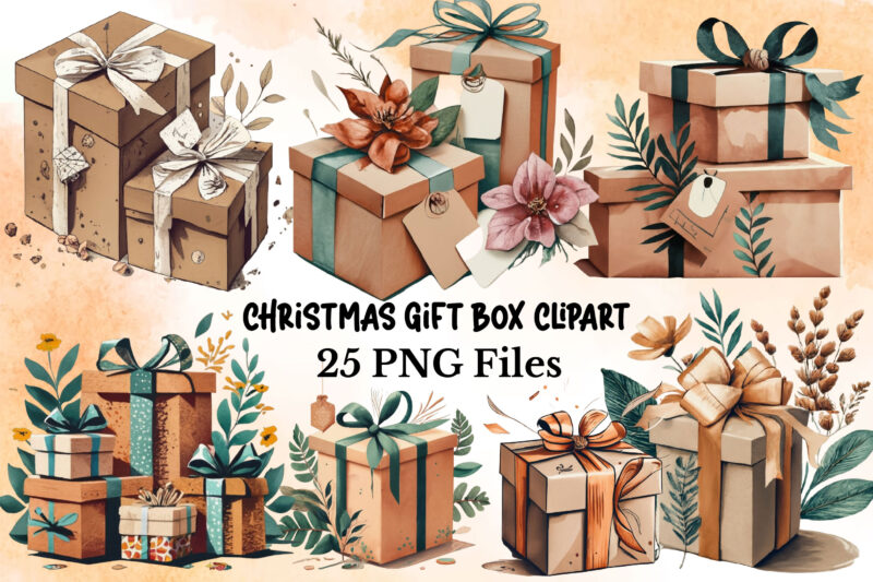Watercolor Christmas Gift Box Clipart