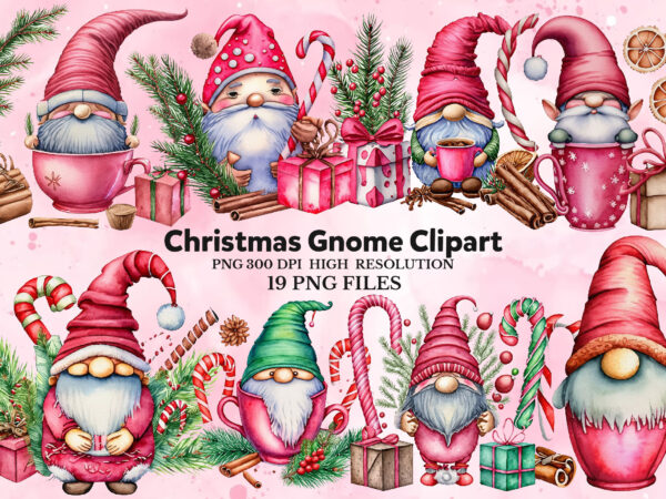 Watercolor christmas gnome clipart t shirt design for sale