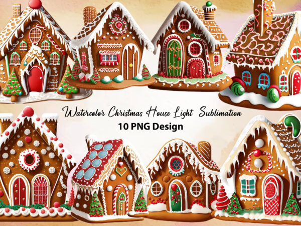 Watercolor christmas house light sublimation, clipart bundle t shirt design for sale