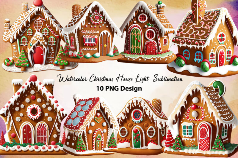 Watercolor Christmas House Light Sublimation, Clipart Bundle