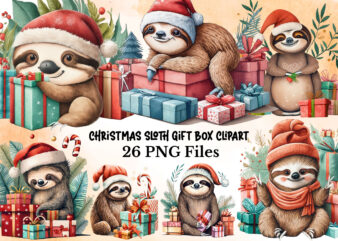 Watercolor Christmas Sloth Gifts Clipart