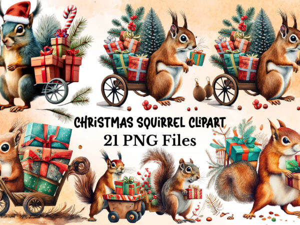 Watercolor christmas squirrel gifts clipart t shirt design for sale