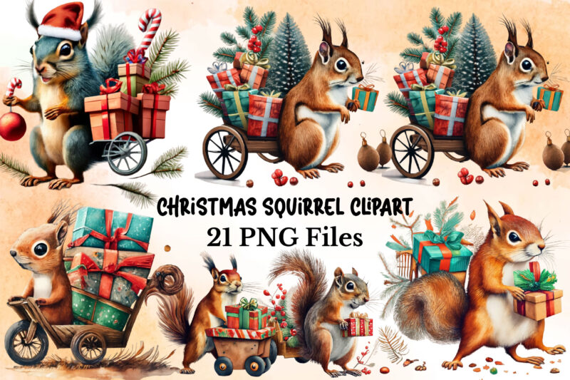 Watercolor Christmas Squirrel Gifts Clipart
