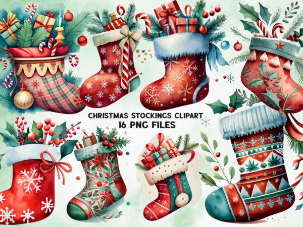 Watercolor christmas stockings clipart t shirt design for sale
