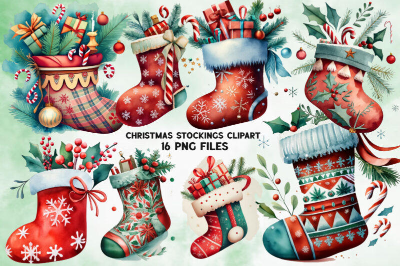 Watercolor Christmas Stockings Clipart