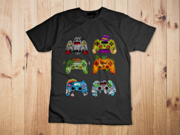 Halloween pumpkin witch gaming controllers zombie boys kids t-shirt design