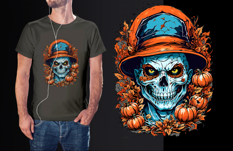 Spooky Halloween Pumpkin Skull Tshirt Vector