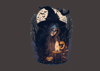 Spooky Witch With Her Lantern Halloween Tshirt Vector