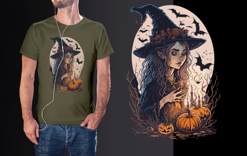 Spooky Lantern Halloween Witch Tshirt Graphic