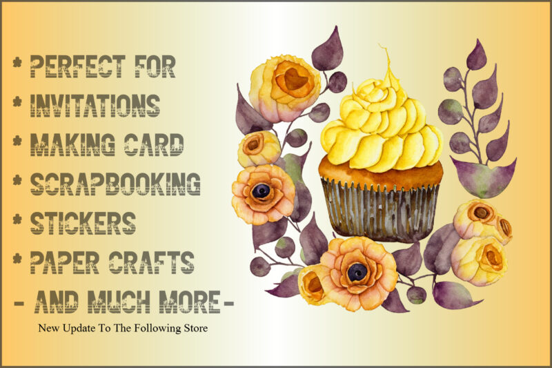 Watercolor Yellow Cupcake and Halloween Clipart