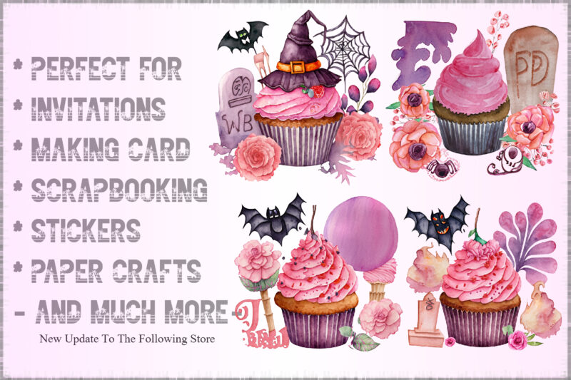 Watercolor Pink Cupcake and Halloween Clipart