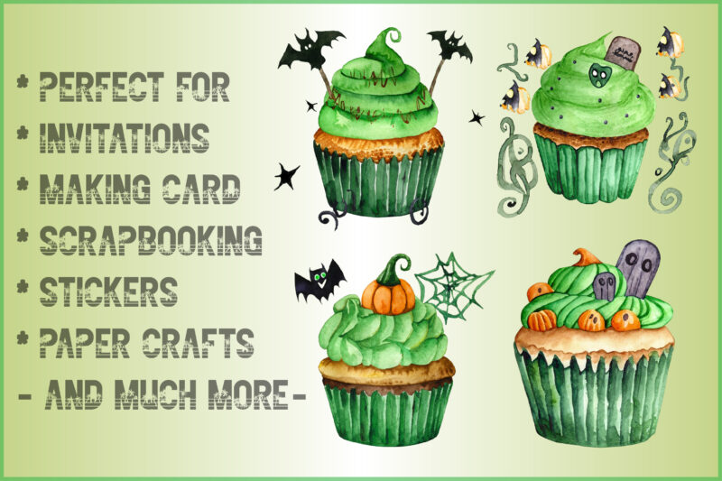 Watercolor Green Cupcake and Halloween Clipart