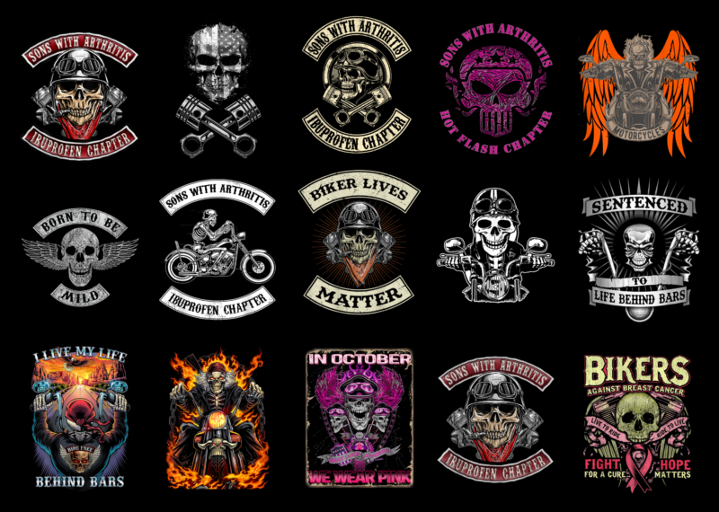 15 Biker Skull Shirt Designs Bundle For Commercial Use Part 1, Biker ...