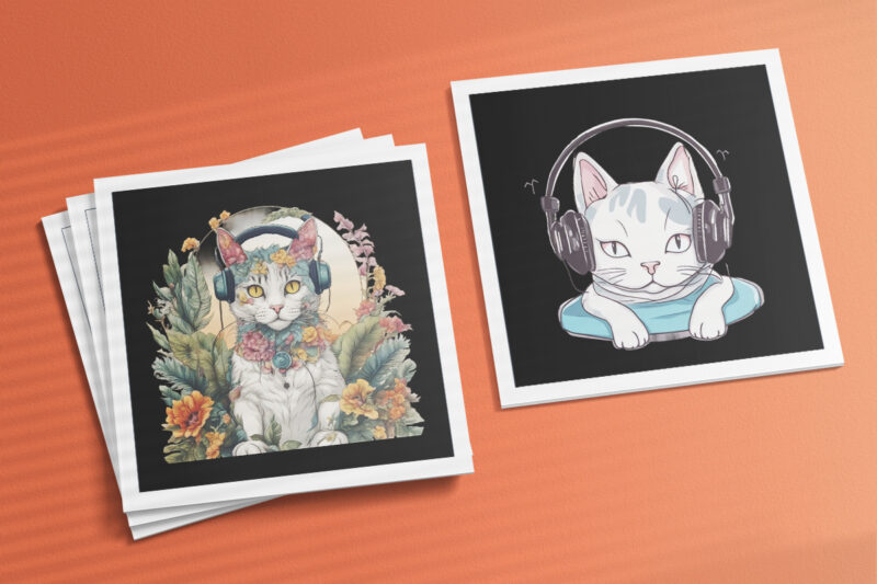 Cat Wearing Headphones Illustration for POD Clipart Design is Also perfect for any project: Art prints, t-shirts, logo, packaging, stationery, merchandise, website, book cover, invitations, and more