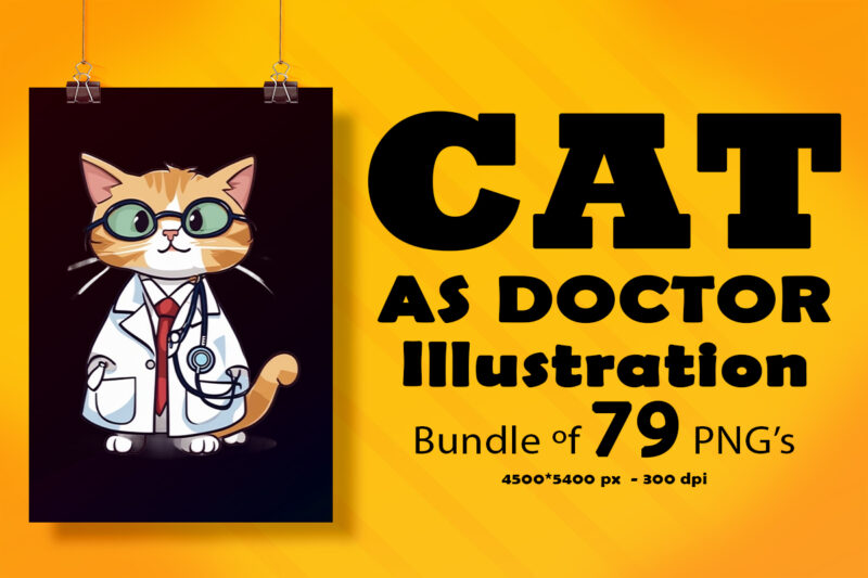 Cat as Doctor Illustration for POD Clipart Design is Also perfect for any project: Art prints, t-shirts, logo, packaging, stationery, merchandise, website, book cover, invitations, and more