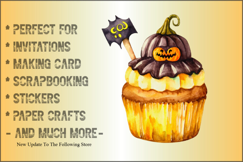 Watercolor Yellow Cupcake and Halloween Clipart