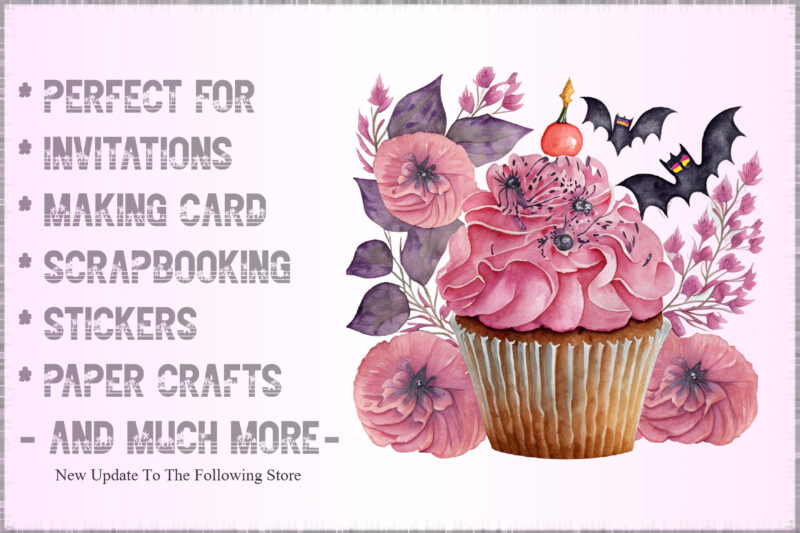 Watercolor Pink Cupcake and Halloween Clipart