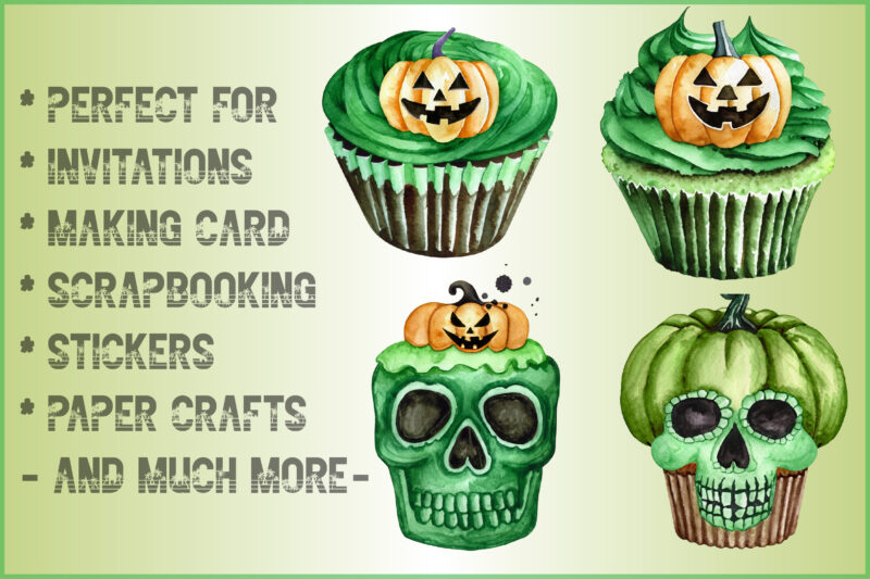 Watercolor Green Cupcake and Halloween Clipart