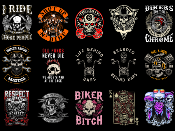 15 Biker Skull Shirt Designs Bundle For Commercial Use Part 2, Biker ...