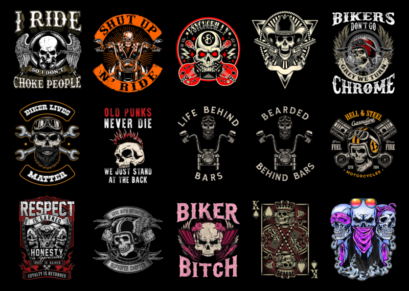 15 Biker Skull Shirt Designs Bundle For Commercial Use Part 2, Biker ...