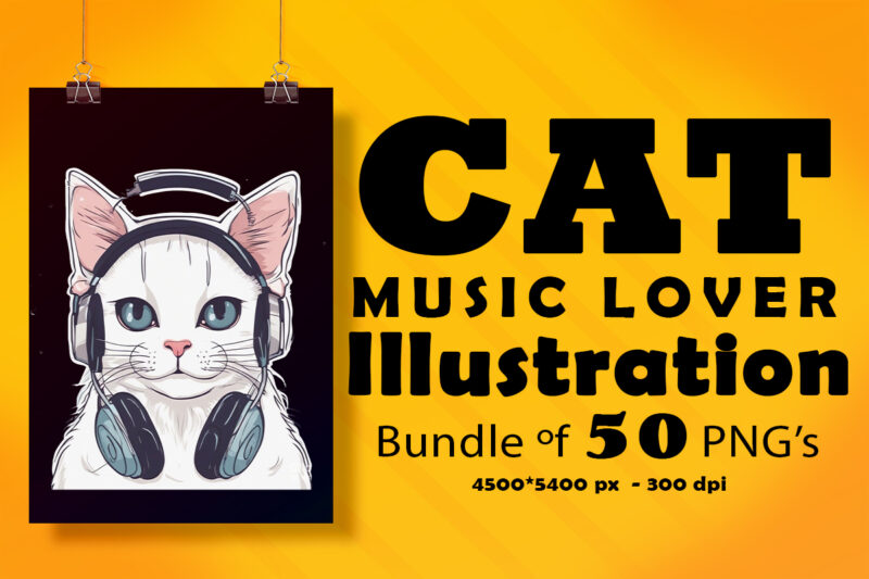 This Cat Wearing Headphones Illustration for POD Clipart Design is Also perfect for any project: Art prints, t-shirts, logo, packaging, stationery, merchandise, website, book cover, invitations, and more