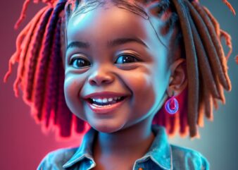 2 year old black girl with dark skin and long two-strand twists, red shirt, denim jeans, earrings medium lips, smile, full face PNG File