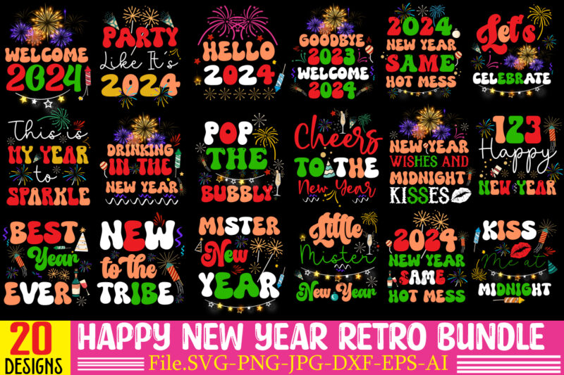 Happy New Year Retro Bundle,20 Designs,on sell Designs,Happy New Year 2024 Png , Disco Ball New Year’s PNG , Retro Happy New Year Sublimatio