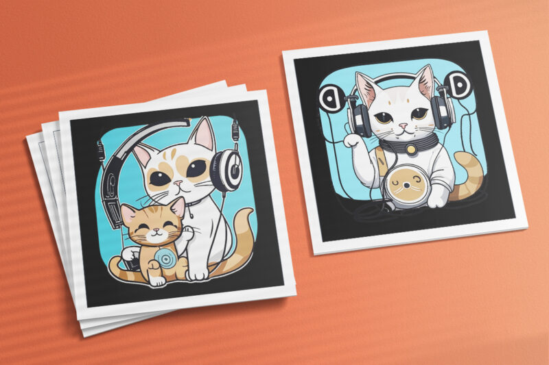 Cat Wearing Headphones Illustration for POD Clipart Design is Also perfect for any project: Art prints, t-shirts, logo, packaging, stationery, merchandise, website, book cover, invitations, and more