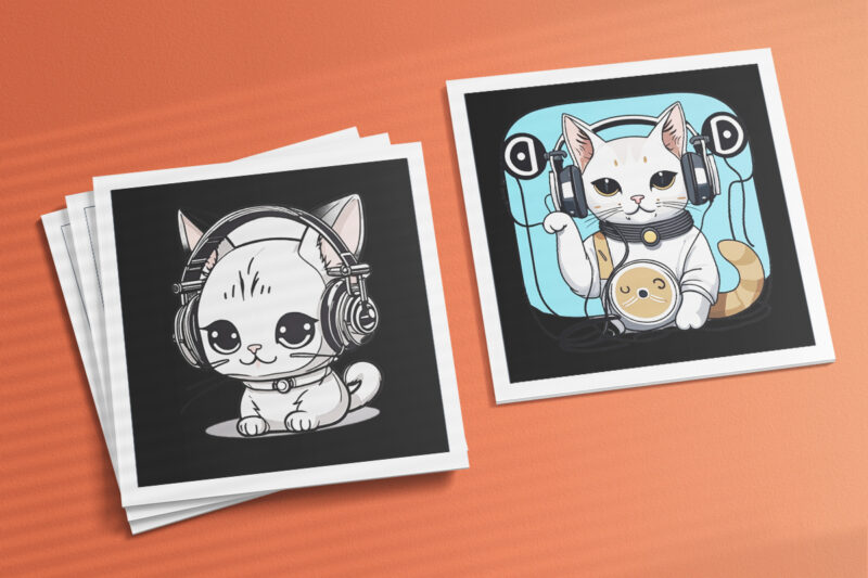 This Cat Wearing Headphones Illustration for POD Clipart Design is Also perfect for any project: Art prints, t-shirts, logo, packaging, stationery, merchandise, website, book cover, invitations, and more