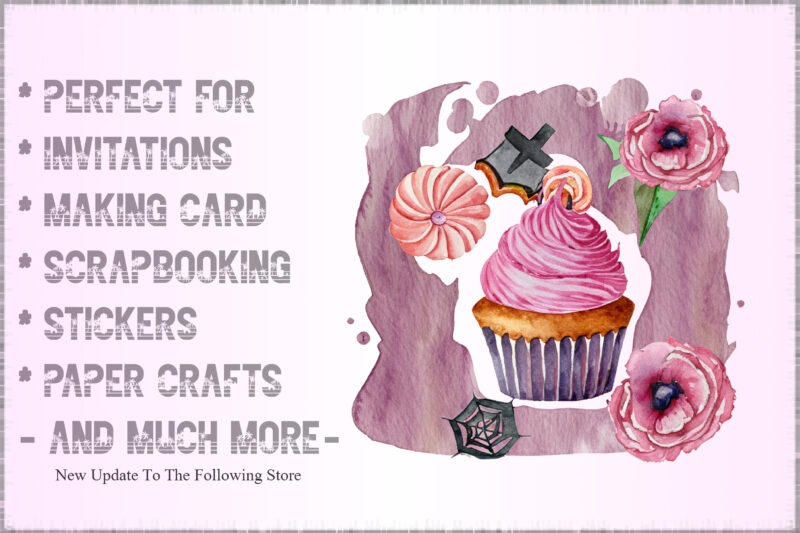 Watercolor Pink Cupcake and Halloween Clipart