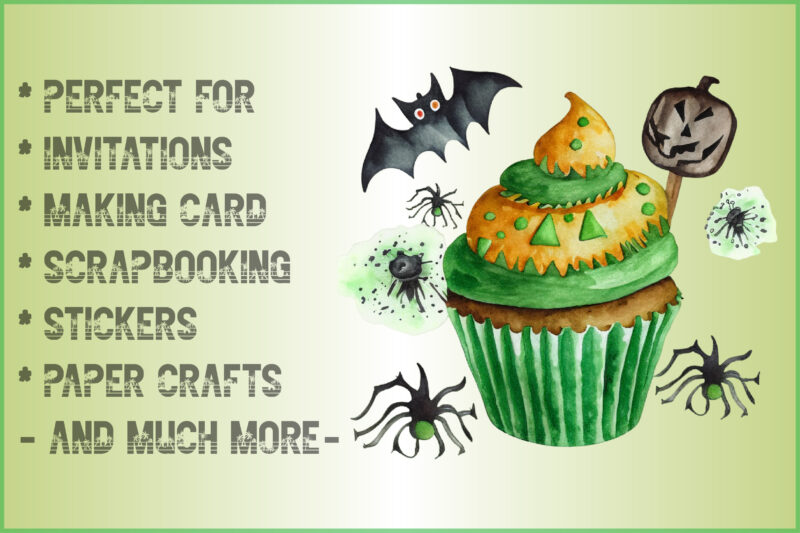 Watercolor Green Cupcake and Halloween Clipart