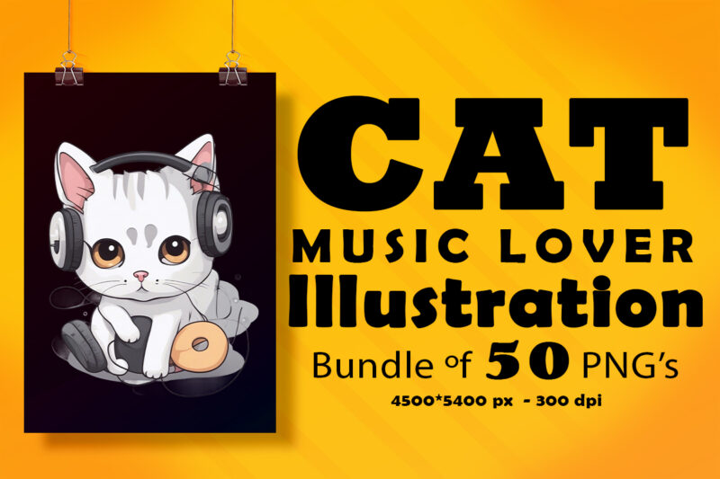 This Cat Wearing Headphones Illustration for POD Clipart Design is Also perfect for any project: Art prints, t-shirts, logo, packaging, stationery, merchandise, website, book cover, invitations, and more